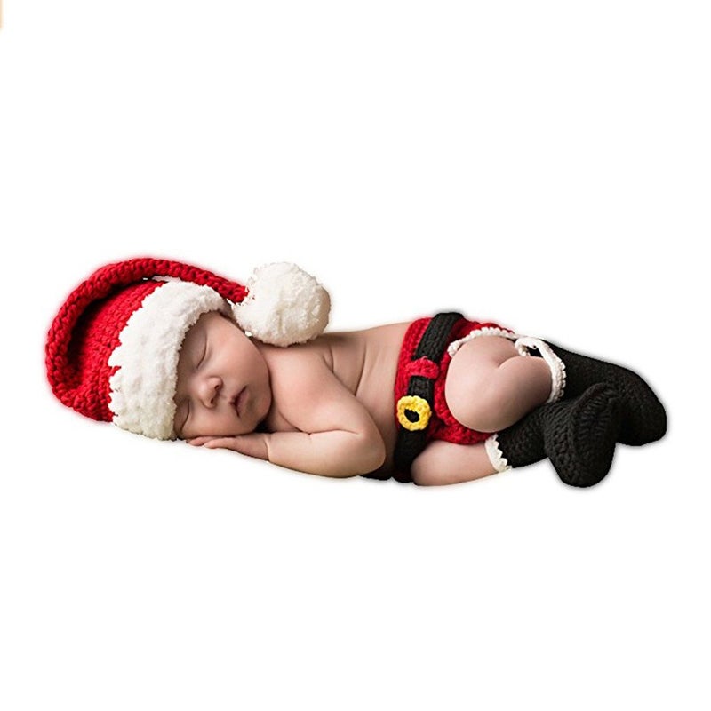 SUNBABY Newborn Baby Christmas Santa Knitted Crochet Photo Photography Prop Lovely Hats Costume Outfits (Boy Pants Suit), Medium Size - Image 1